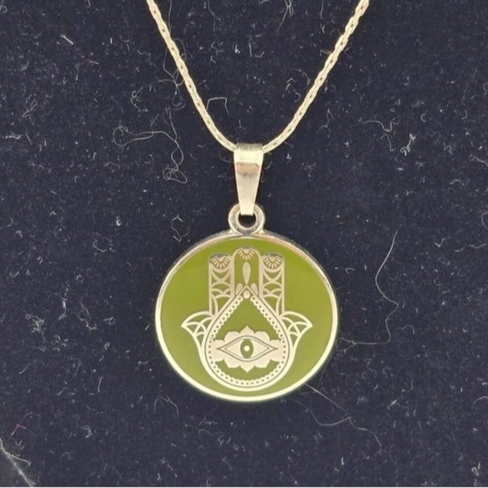 Alex and Ani Silver Tone Hand of Fatima Expandable Necklace Green Enamel Signed - Picture 1 of 6
